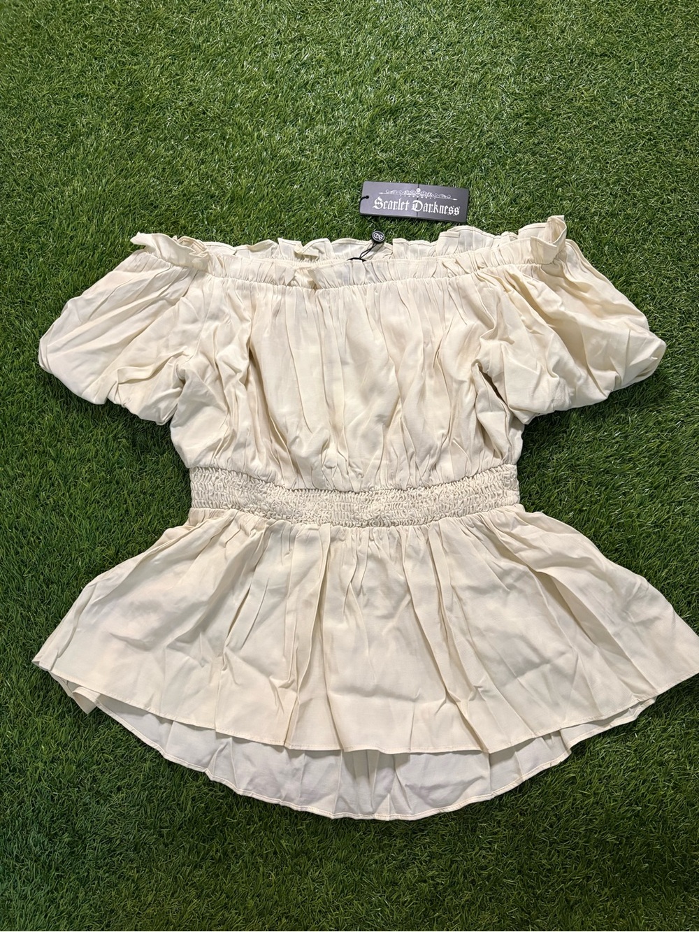 Smocked Waist Off-Shoulder Blouse in Cream